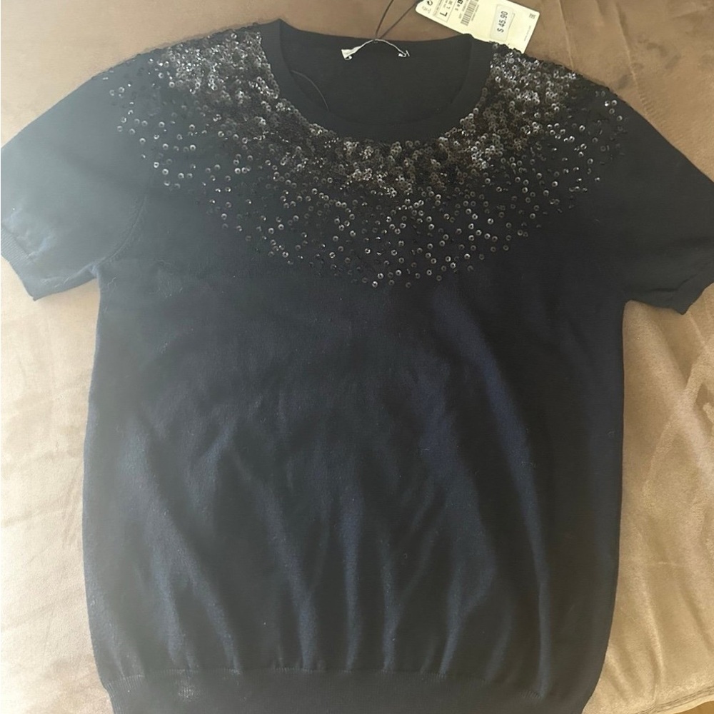 Zara Black Sequin Knit Top - Picture 1 of 5